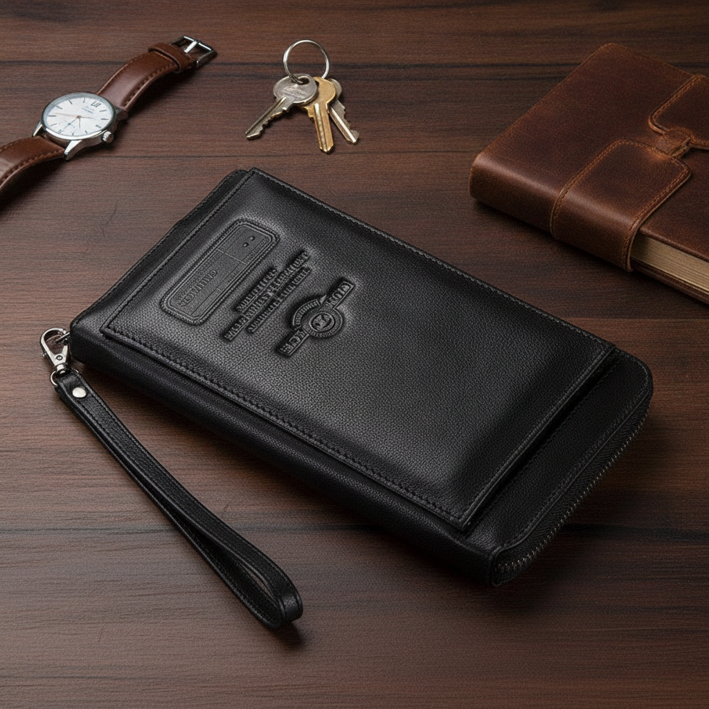 Cartera Larga de Piel Genuina con Muñequera para Hombre