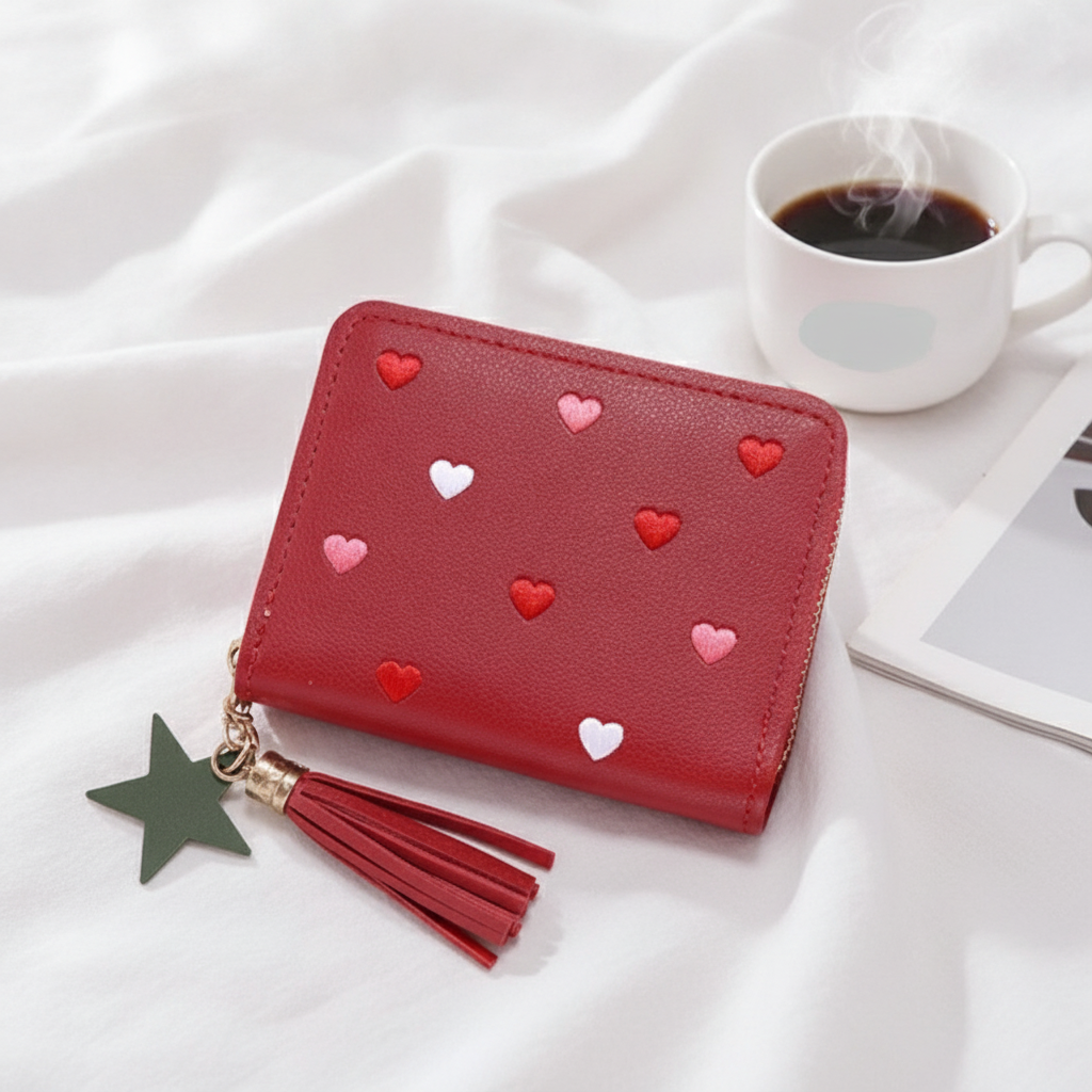 Mini Cartera con Corazones Bordados y Borla