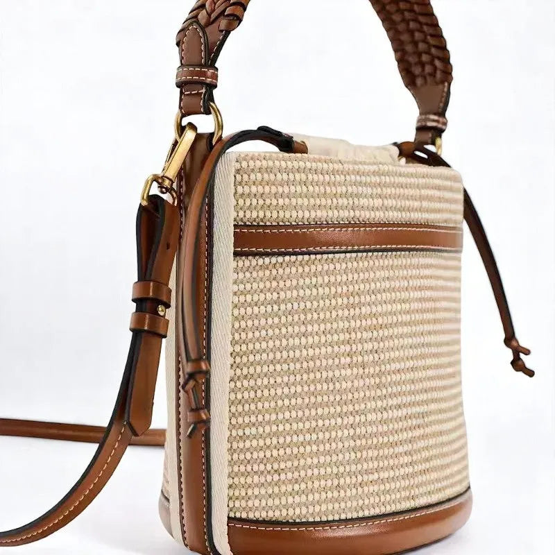Bolso Cubo de Paja Natural Estilo Casual