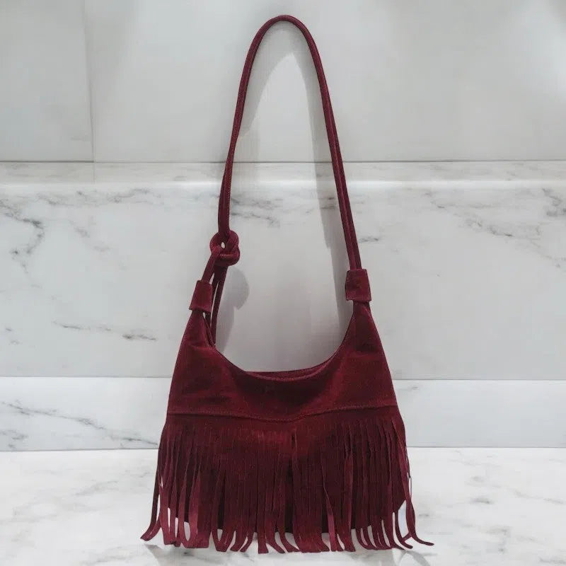 Bolso Flecos Gamuza Elegante Color Vino