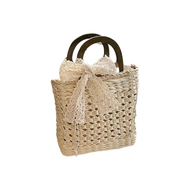 Bolso Rafia Bucket con Asas de Madera y Moño