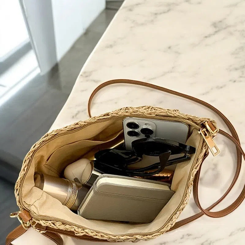 Bolso Rafia Tejida Minimalista Casual Caqui