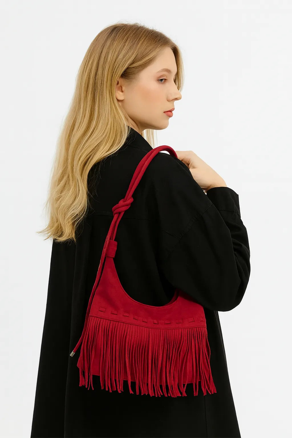 Bolso Tote Vino con Flecos en Gamuza Sintética – Boho Chic Sofisticado