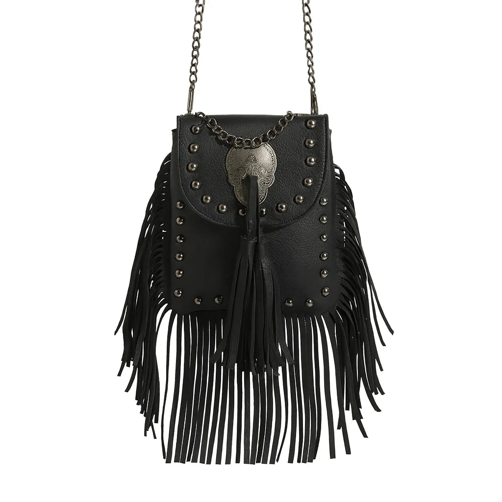 Bolso para Móvil de PU con Cadenas y Flecos – Estilo Vintage Punk Chic