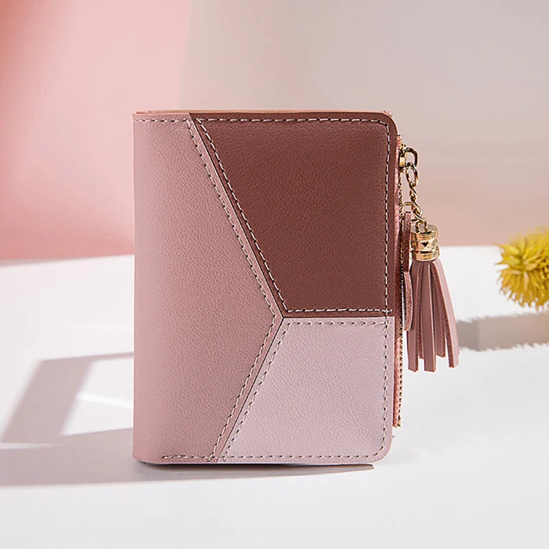 Cartera Corta Patchwork con Borla para Mujer - Rosa