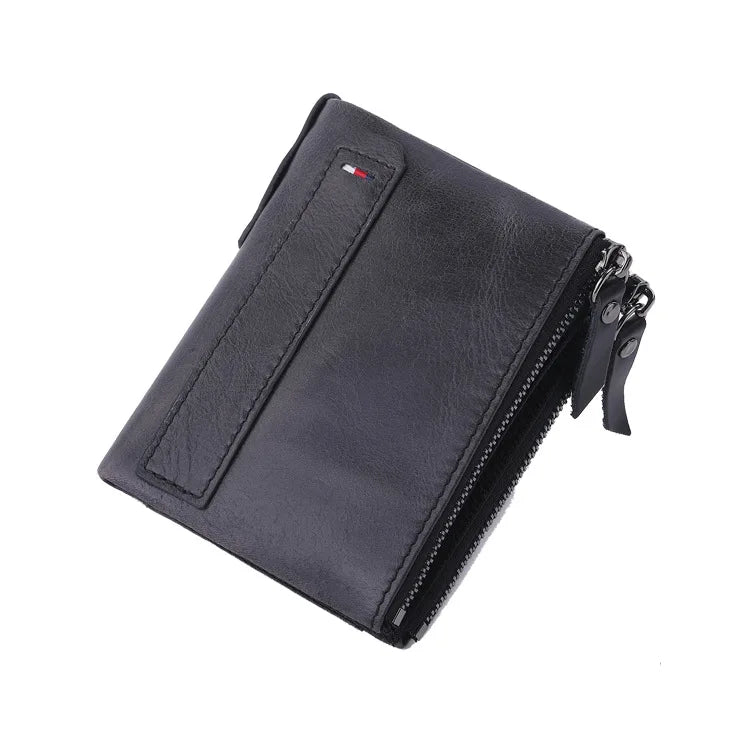 Cartera Vintage de Piel de Vaca con Doble Cremallera - Negro