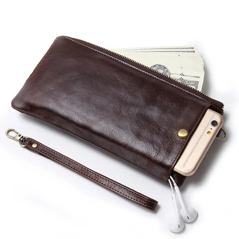 Cartera Larga de Piel Genuina con Muñequera para Hombre