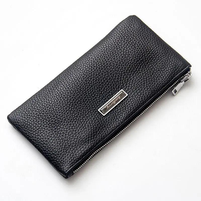 Cartera Larga Fina de Piel de Vaca con Cremallera para Hombre - Negro