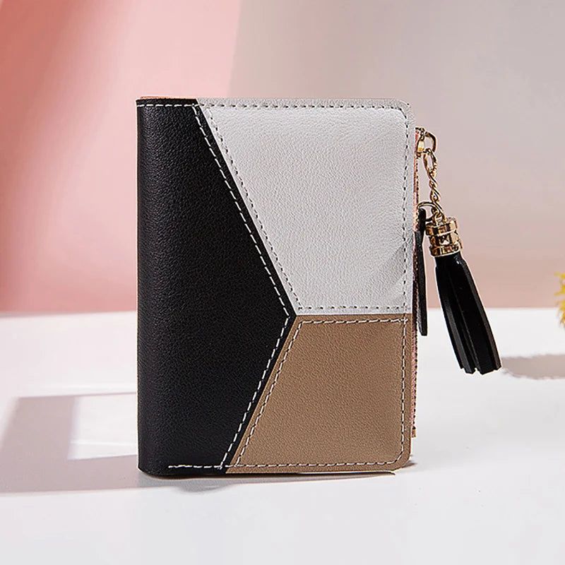 Cartera Corta Patchwork con Borla para Mujer - Negro
