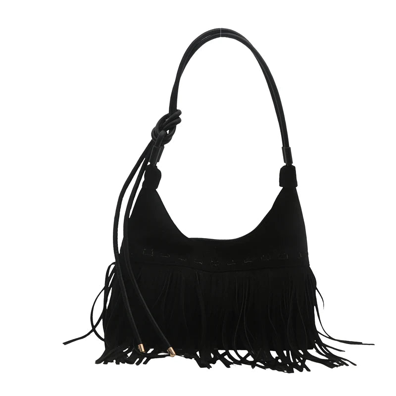 Bolso Tote Negro con Flecos en Gamuza Sintética – Boho Chic Elegante