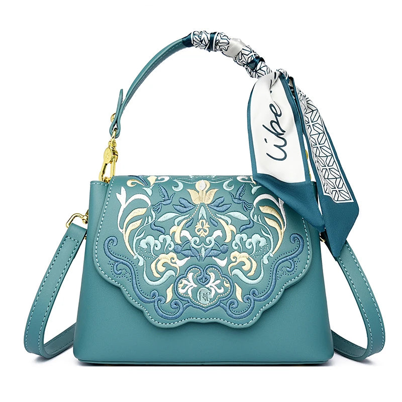 Bolso Tote pequeño de PU con bordados florales y pañuelo chic