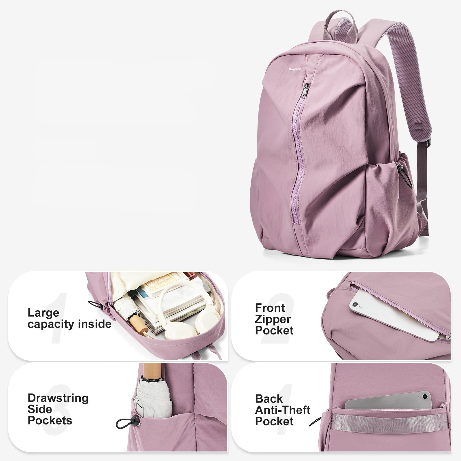 Mochila Casual Unisex Rosa de Nylon – Ligera y Cómoda para el Día a Día