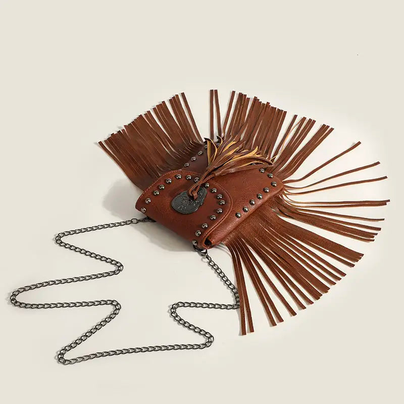 Bolso para Móvil de PU con Cadenas y Flecos – Estilo Vintage Punk Chic