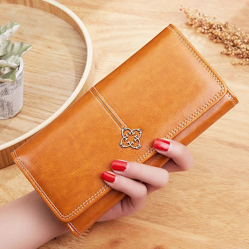 Cartera Larga Elegante Efecto Piel Encerada para Mujer - Camel