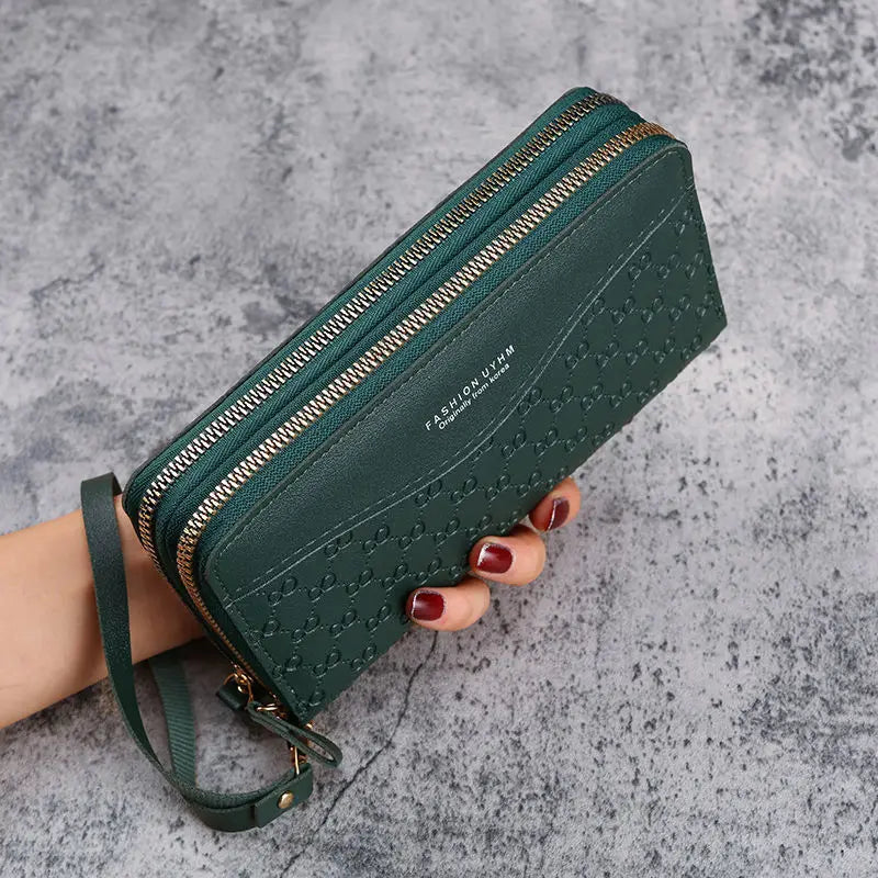 Cartera de Mano con Doble Cremallera y Muñequera para Mujer - Verde