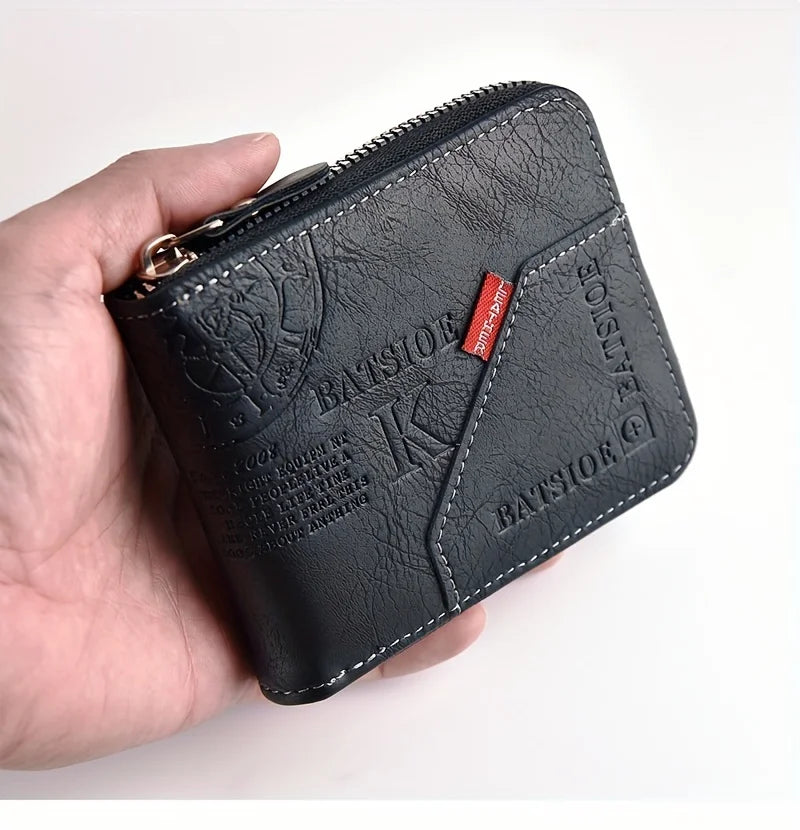 Cartera Vintage con Cremallera Efecto Piel Encerada para Hombre - Negro