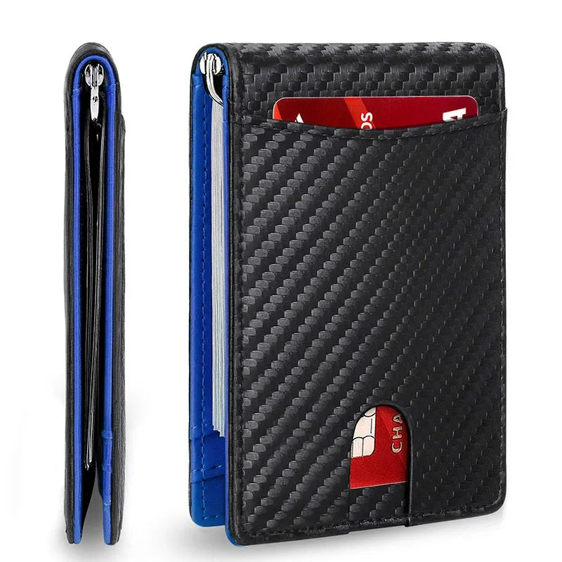 Cartera Slim con Clip para Billetes y RFID para Hombre - Fibra de carbono y azul