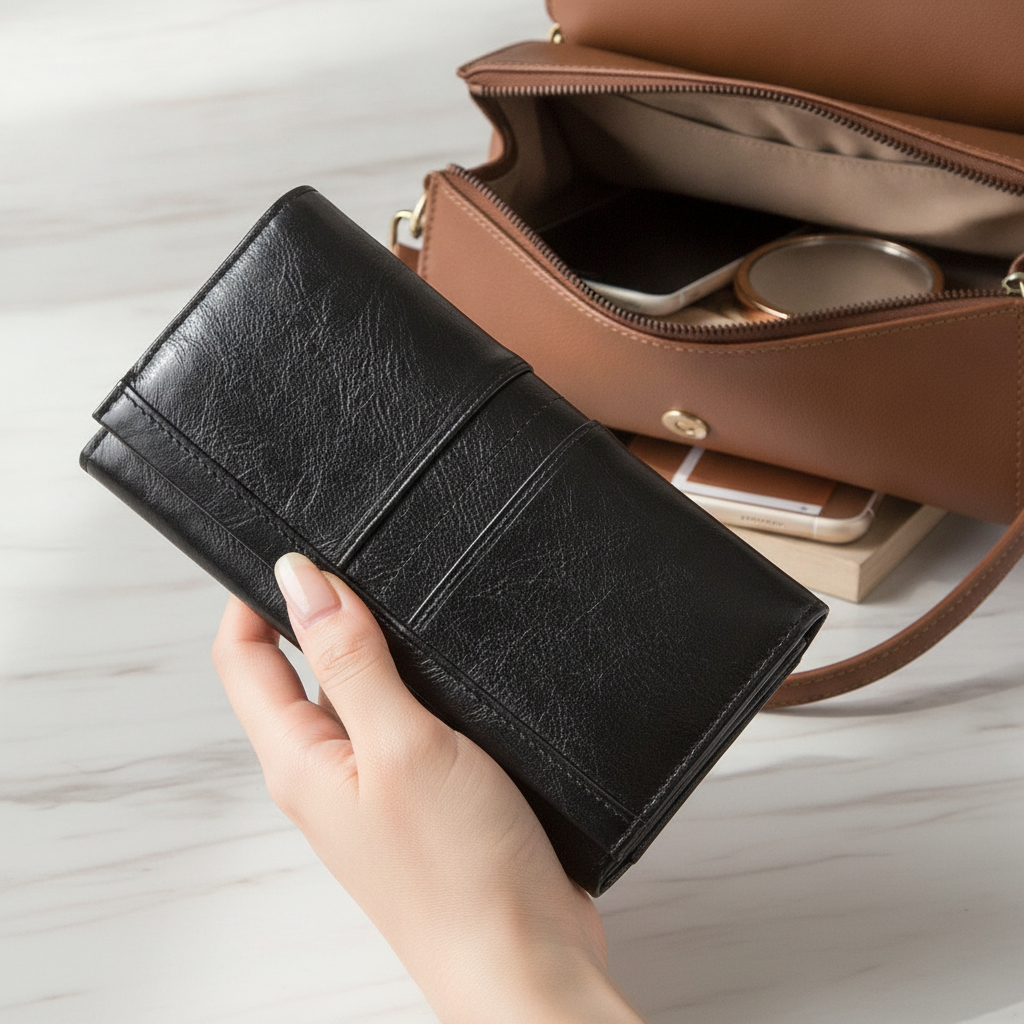 Cartera Larga de Piel Genuina con RFID para Mujer