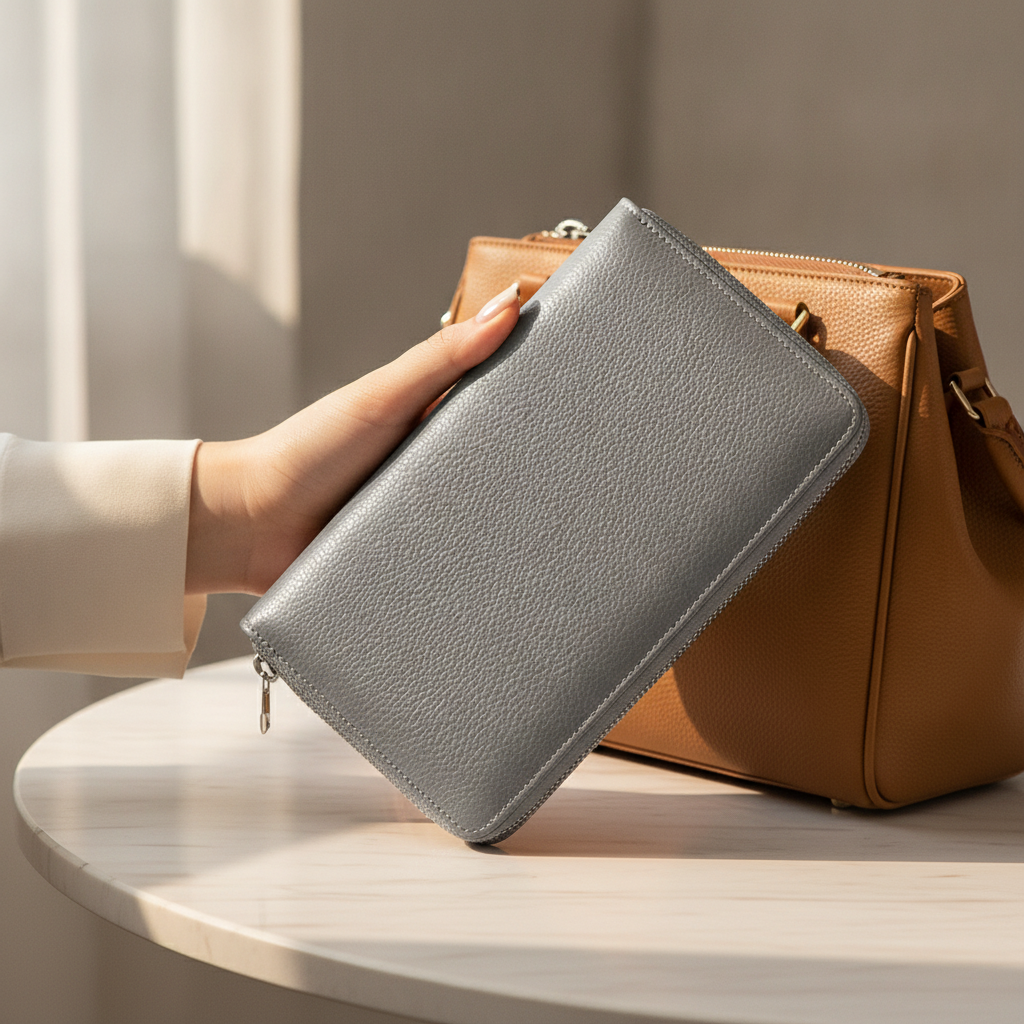 Cartera Larga de Piel de Vaca con Cremallera y RFID