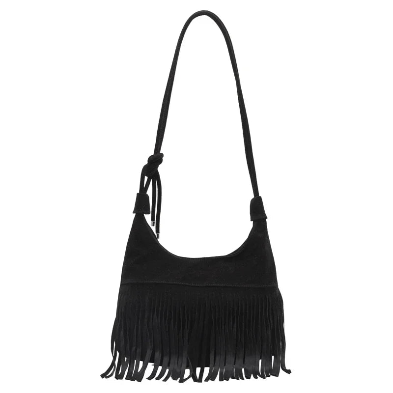 Bolso Flecos Gamuza Elegante Color Negro