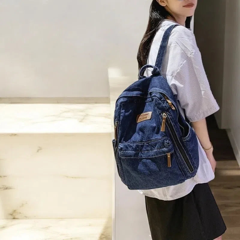 Bolso Mochila Denim con Cierres Laterales Azul Oscuro