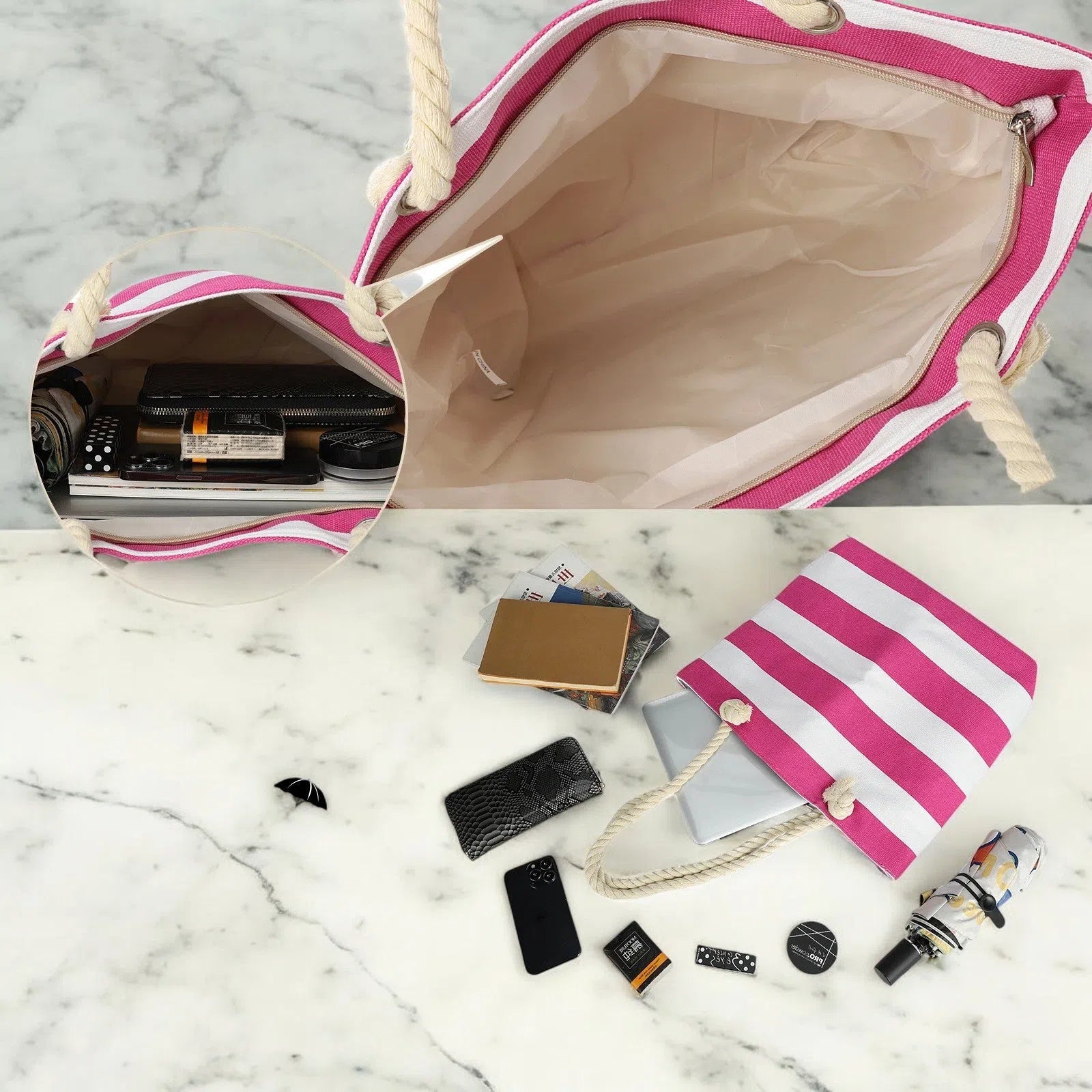 Bolso Playa Rayas con Asas Trenzadas