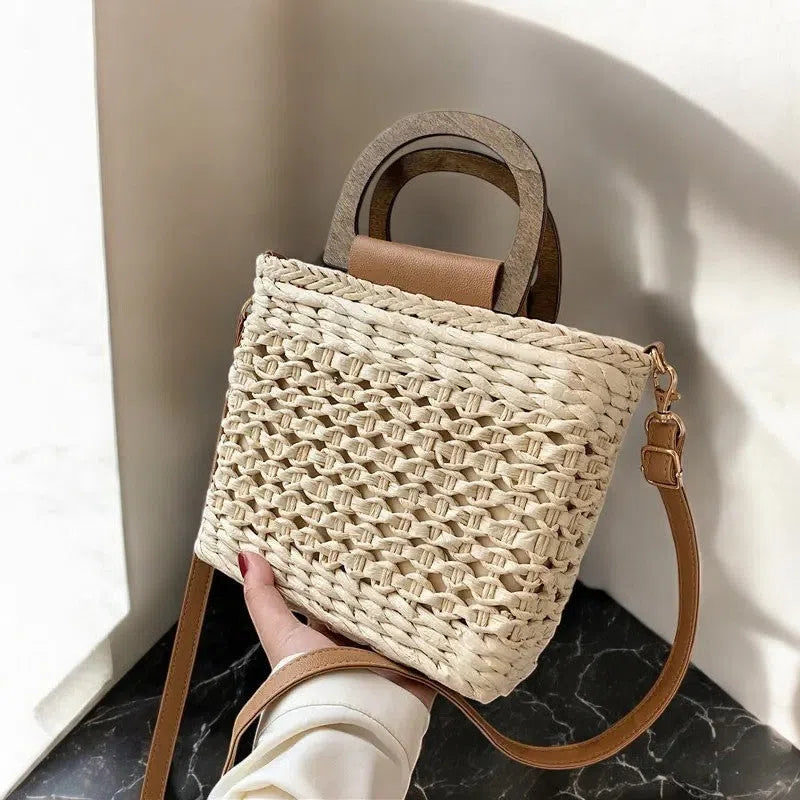 Bolso Rafia Bucket con Asas de Madera