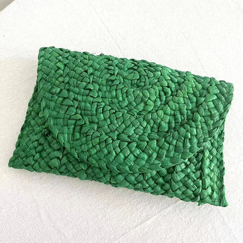 Bolso de Paja Flap de Mano Verde Esmeralda