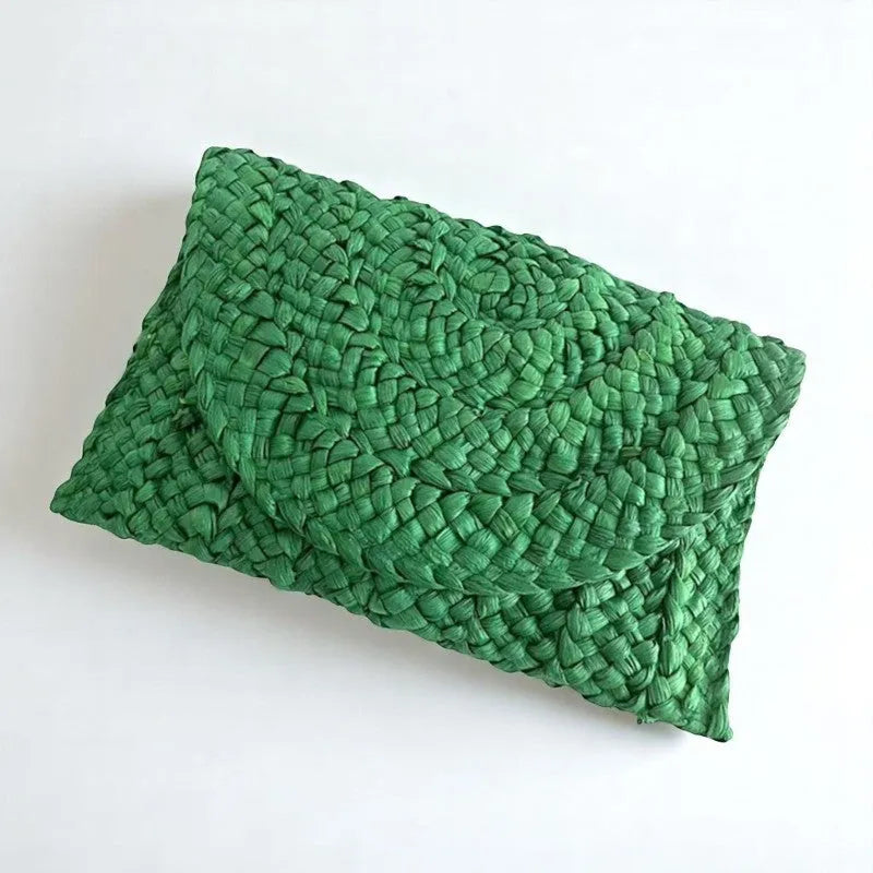 Bolso de Paja Flap de Mano Verde Esmeralda