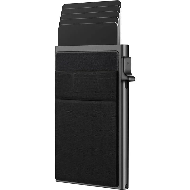 Tarjetero Pop-Up de Aluminio con Funda y Bolsillo para Billetes - Negro