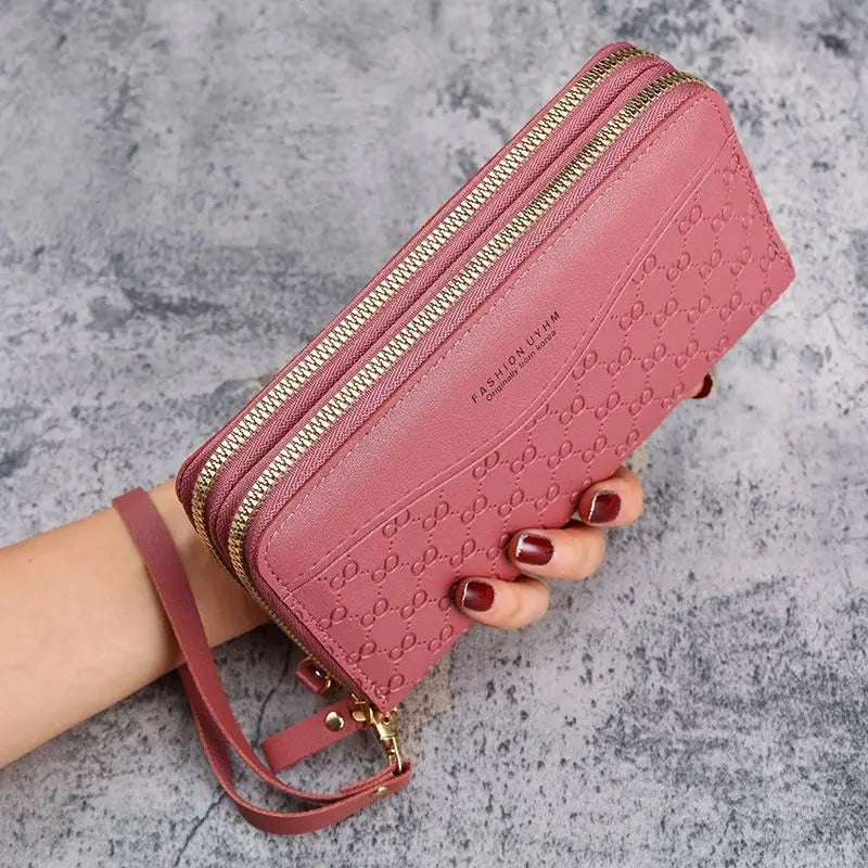 Cartera de Mano con Doble Cremallera y Muñequera para Mujer - Rosa oscuro
