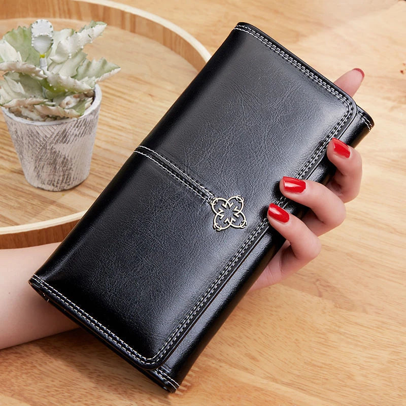 Cartera Larga Elegante Efecto Piel Encerada para Mujer - Negro