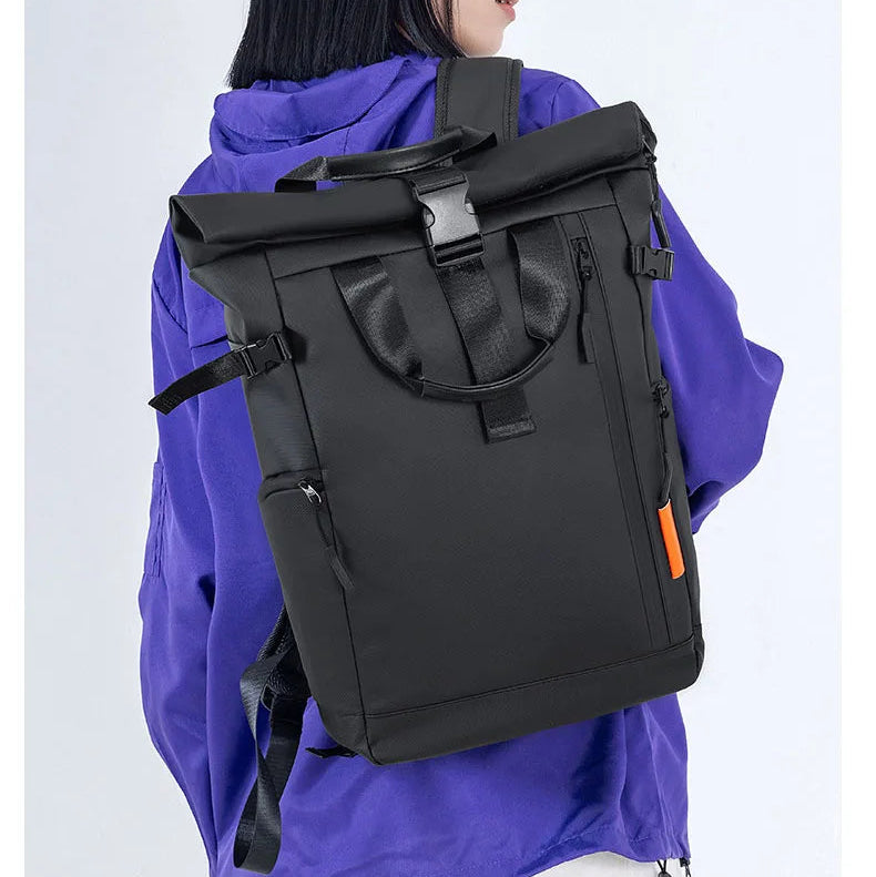 Mochila Casual Unisex Negra Expandible de Nylon – Urbana y Funcional