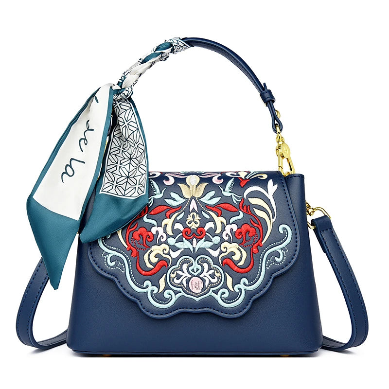 Bolso Tote pequeño de PU con bordados florales y pañuelo chic